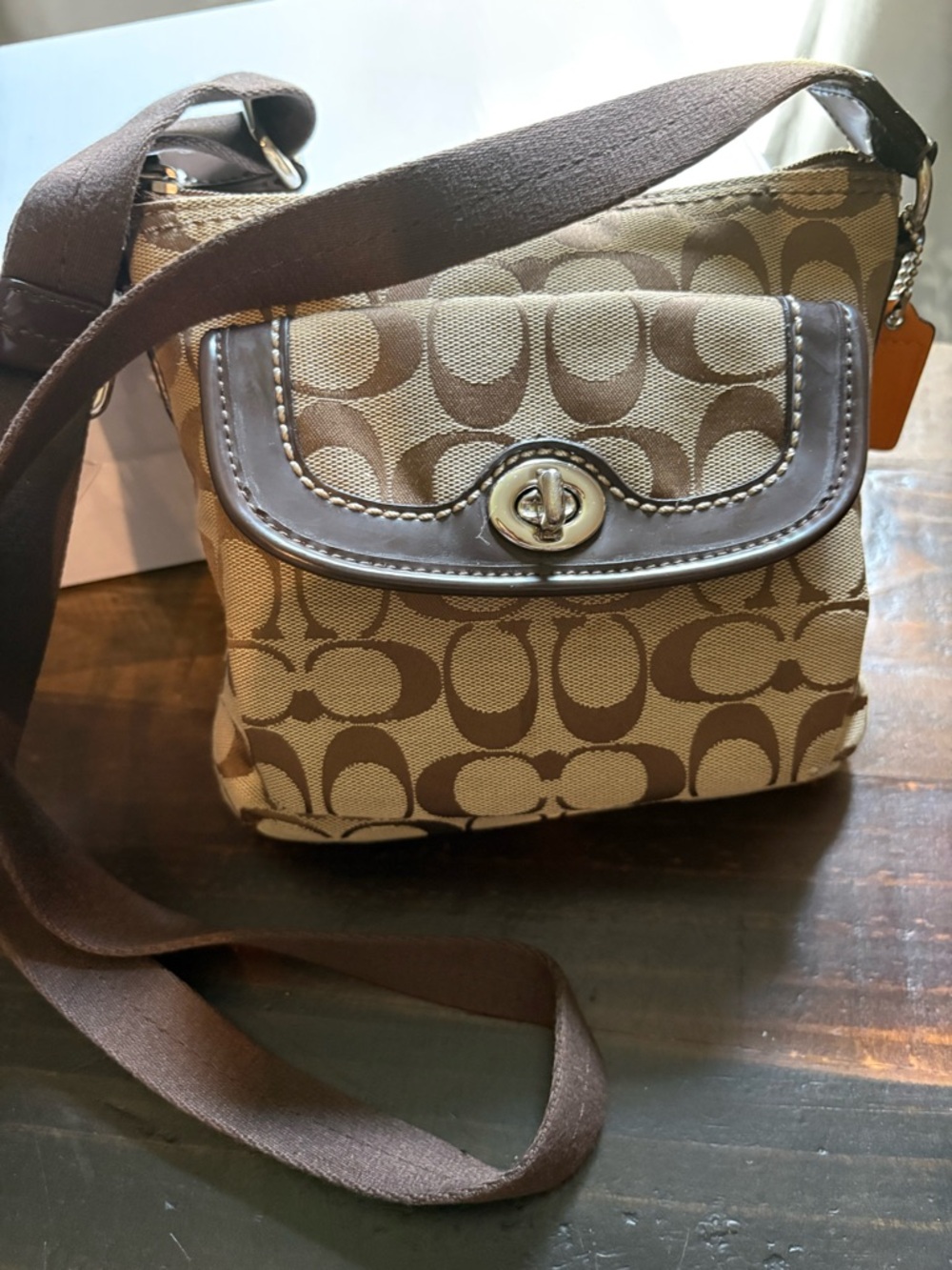 Coach Brown Signature Canvas Crossbody with Leather Trim